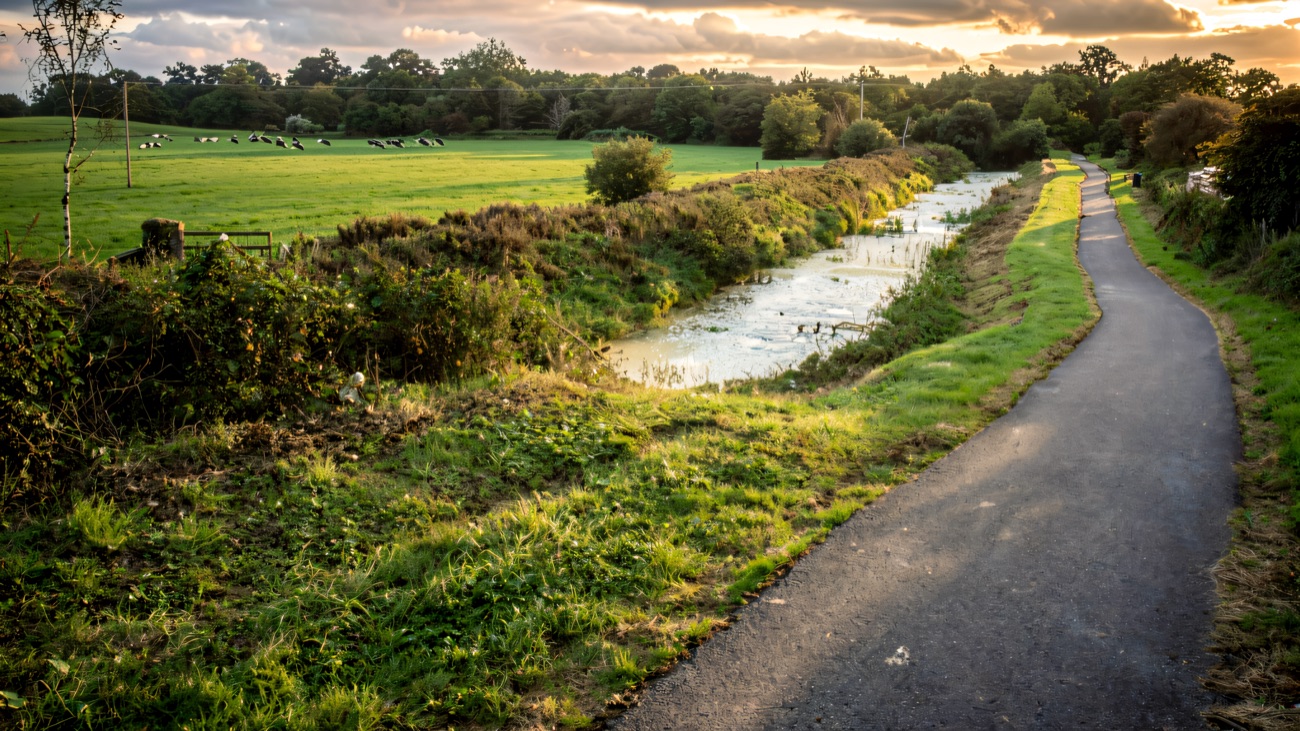 The smooth path tracing the old canal past open grazing fields
