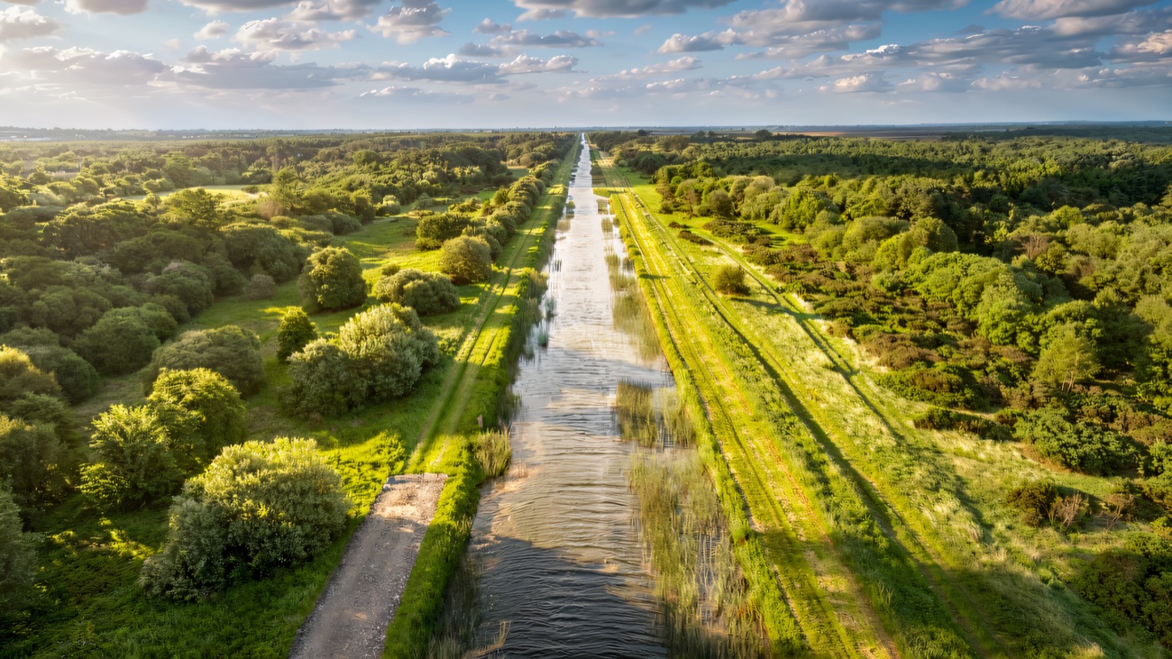 An aerial view of the canal running arrow-straight through green countryside