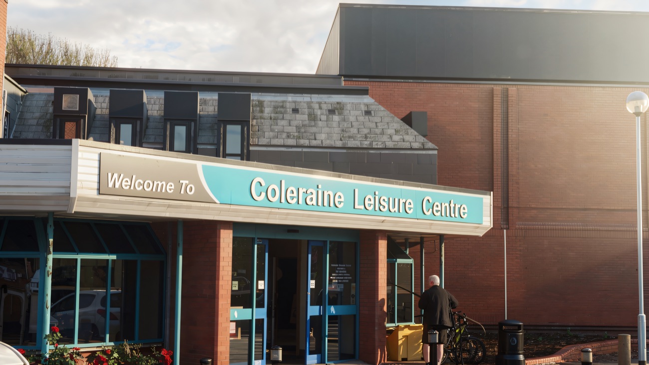 The main entrance under the 'Welcome to Coleraine Leisure Centre' sign