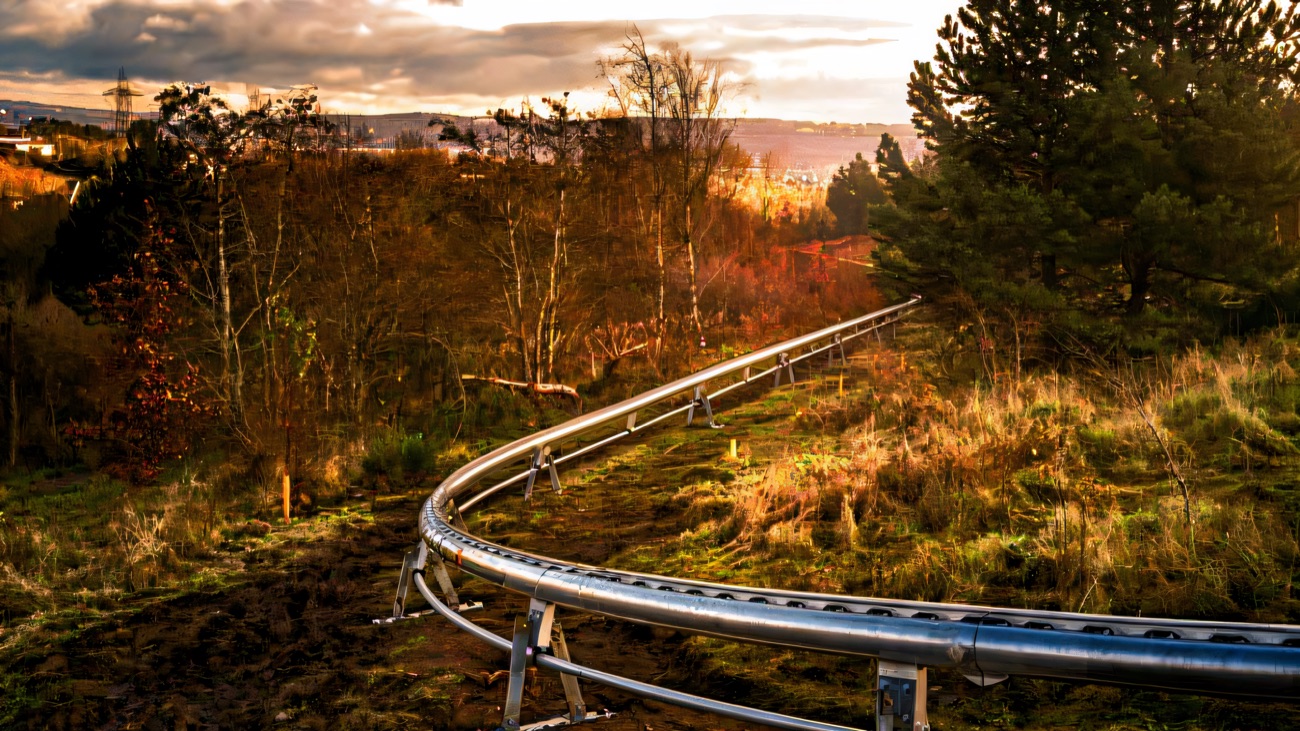 The alpine coaster track curving down the wooded hillside at Colin Glen with Belfast beyond