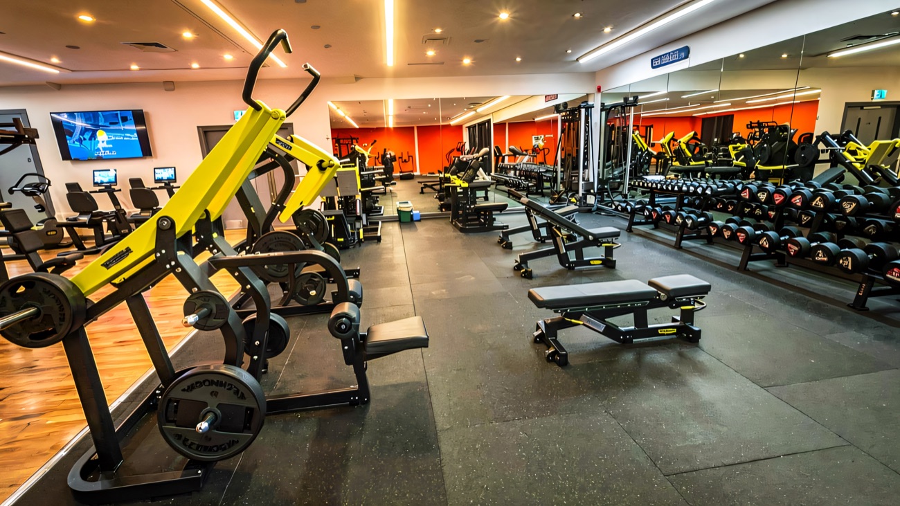 The gym, with cardio and weights side by side