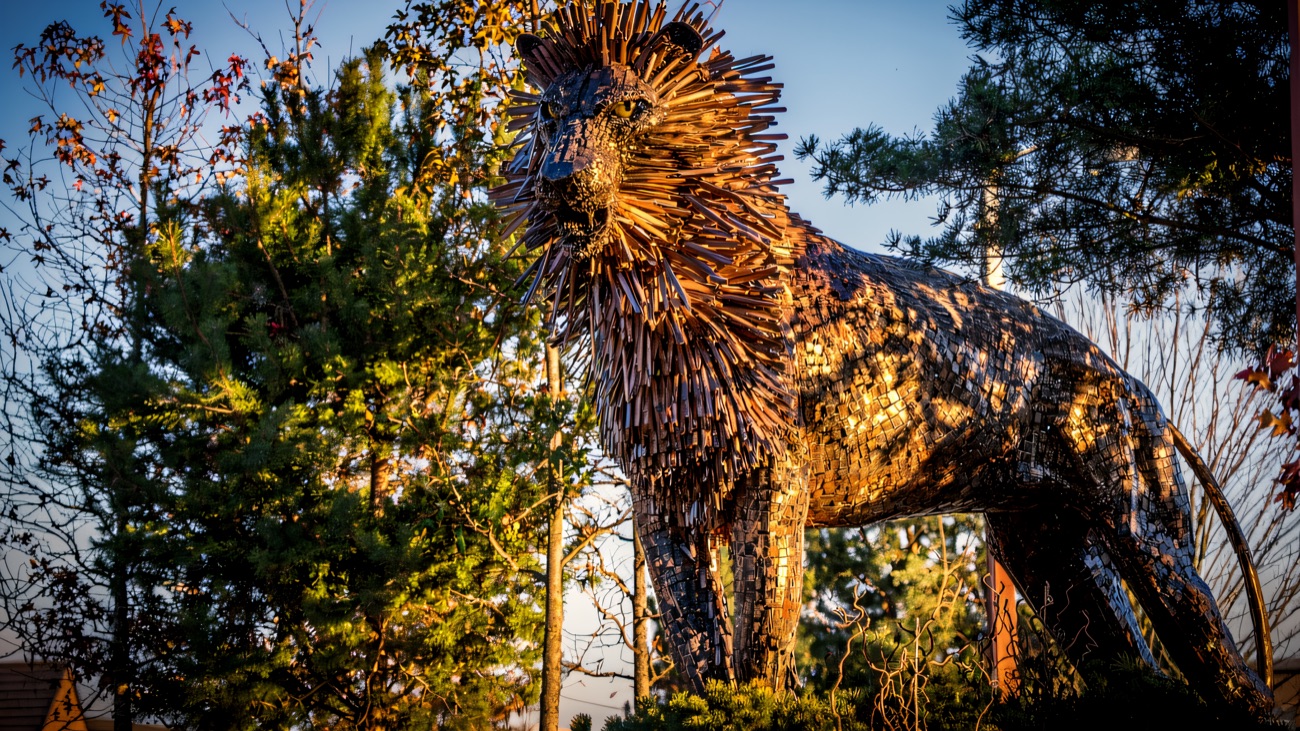The Aslan sculpture stands guard at C.S. Lewis Square