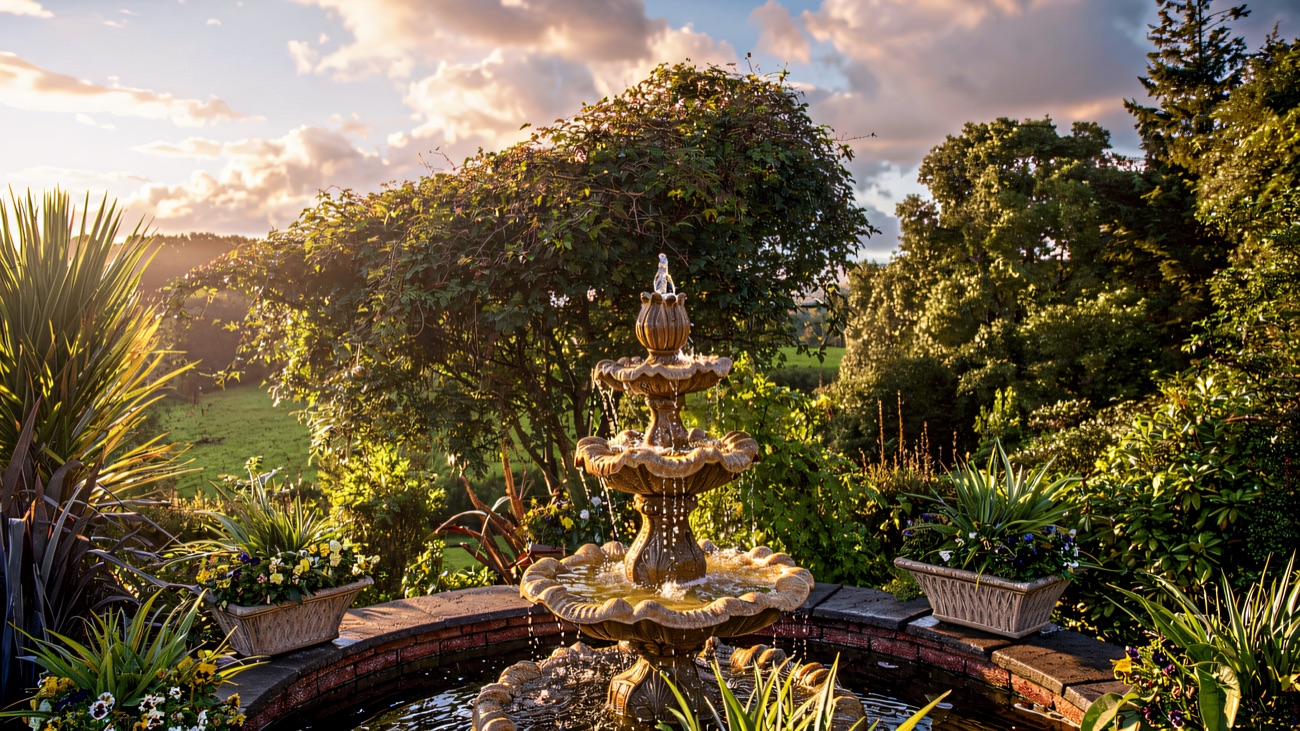 An ornamental fountain in the walled garden, open countryside beyond.