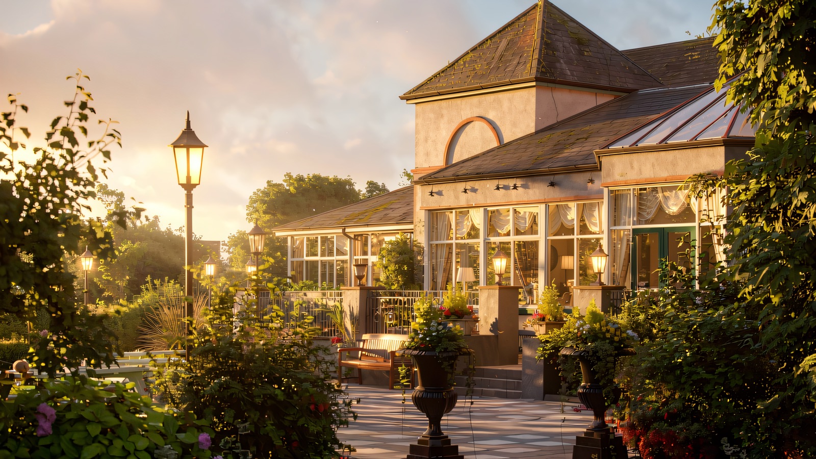 The Corick House conservatory glows gold in evening light above the estate gardens.