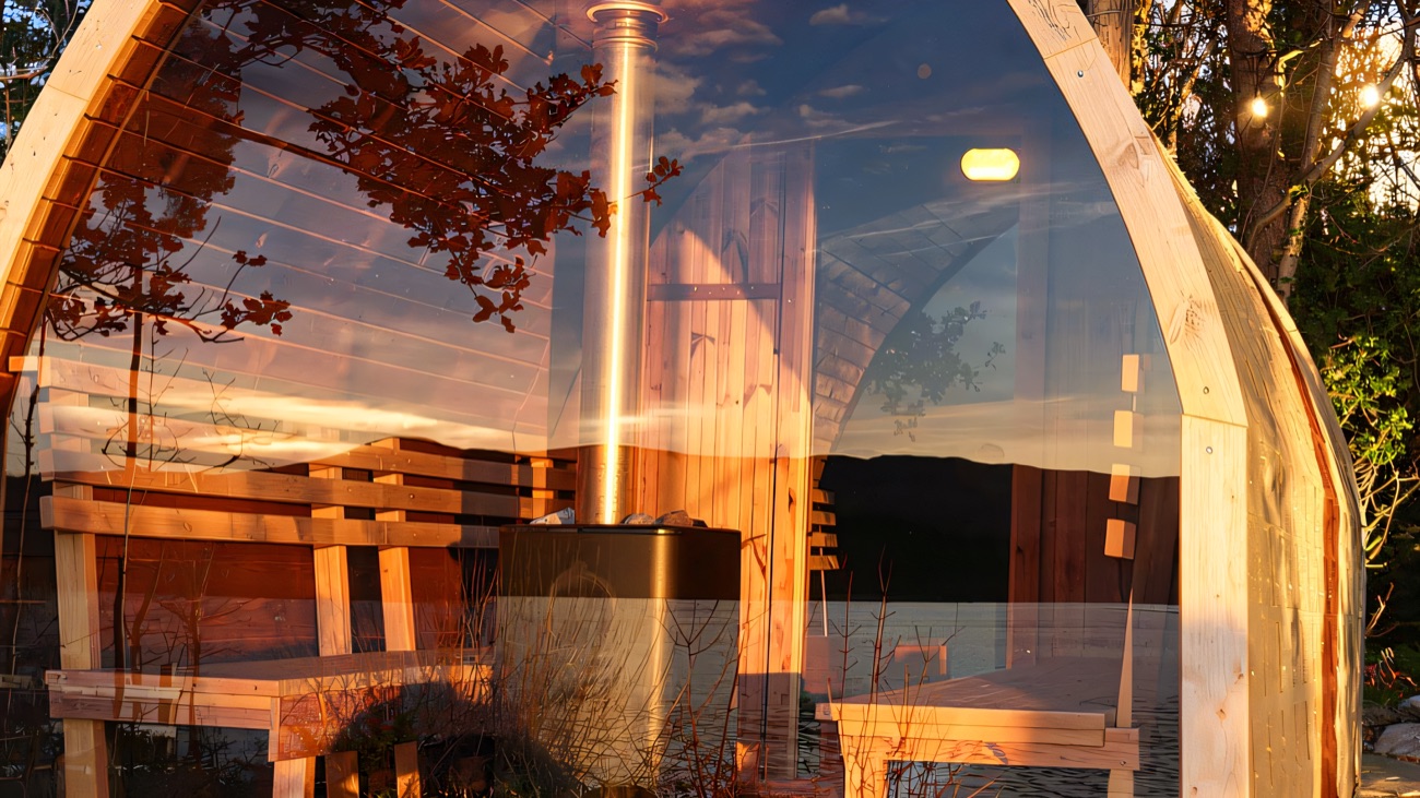A glass-fronted lakeside sauna pod glowing in the evening light