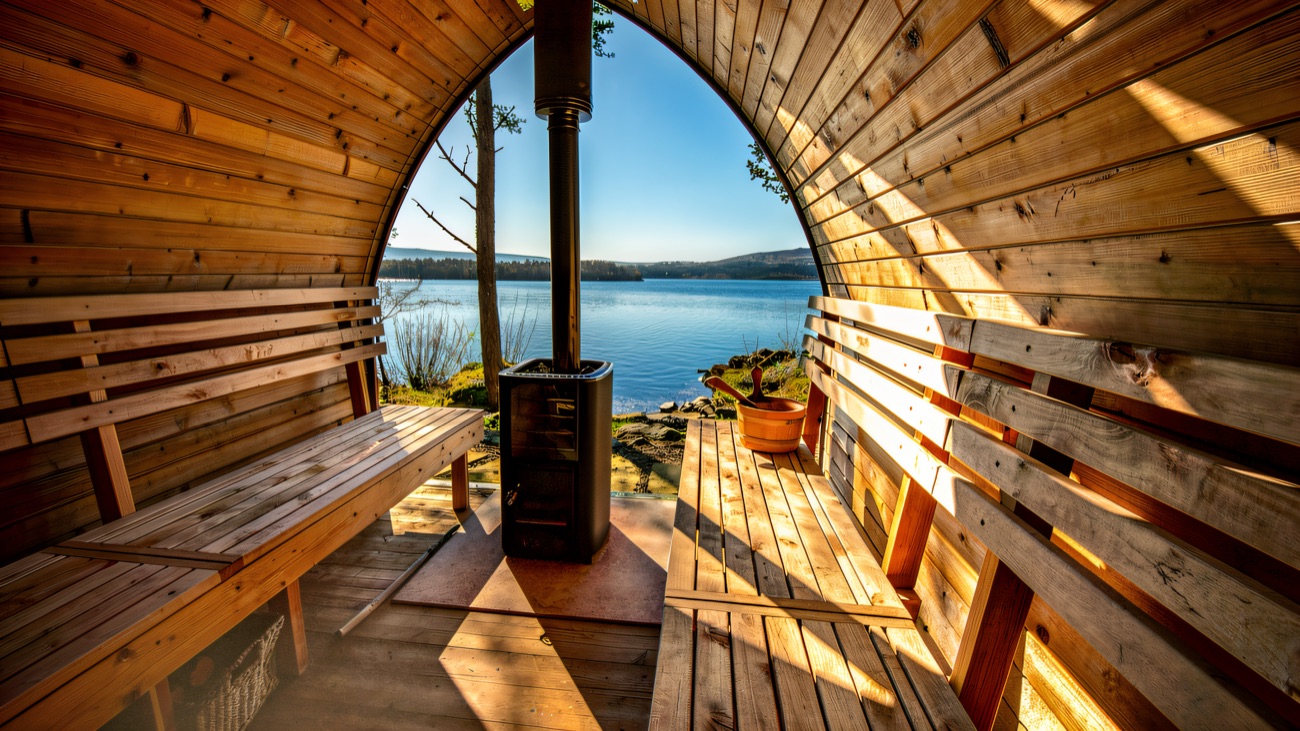 Inside the timber sauna, with a wide window looking straight out over the lough