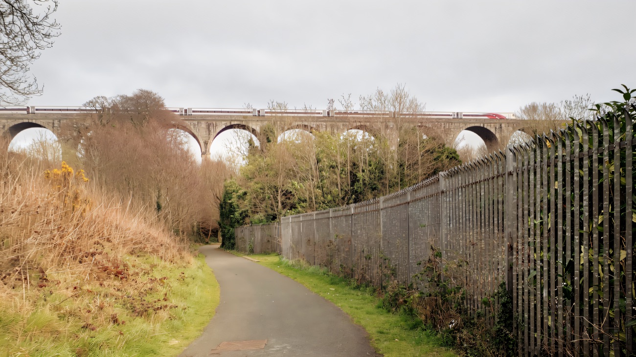 A Belfast to Dublin Enterprise train crossing high on the viaduct, seen from the greenway path.