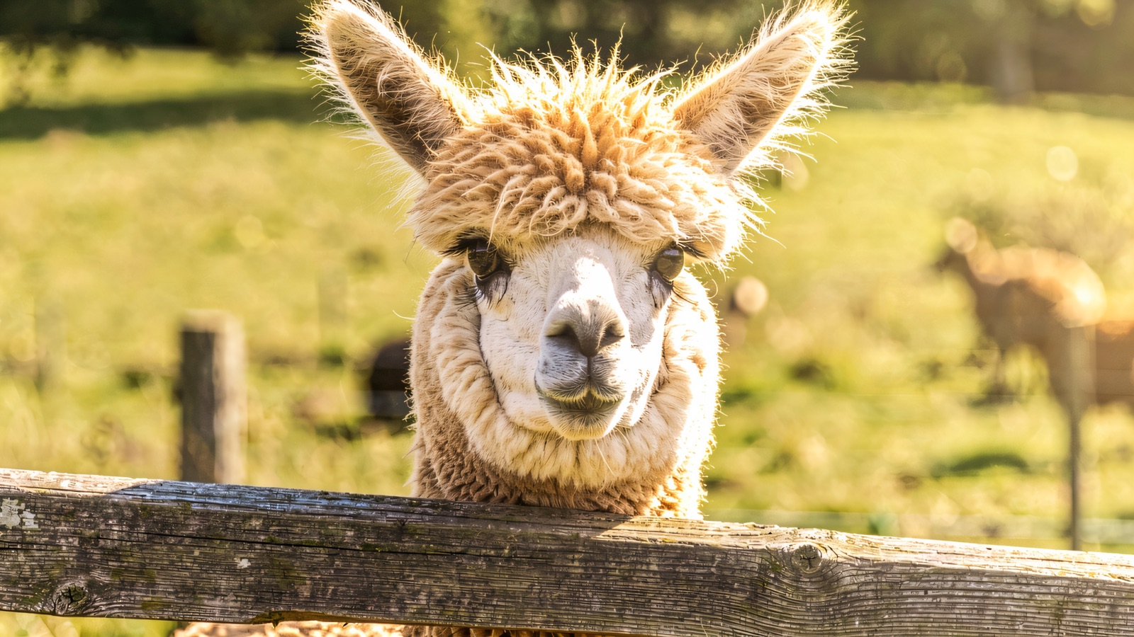 A close-up of a soft cream-and-white alpaca looking over a wooden paddock fence in the sunshine