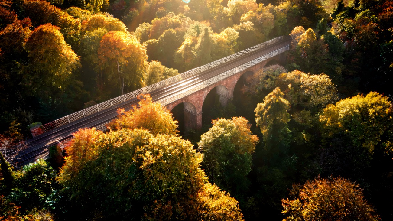 The old stone railway viaduct at Crawfordsburn crossing the wooded glen in autumn colour