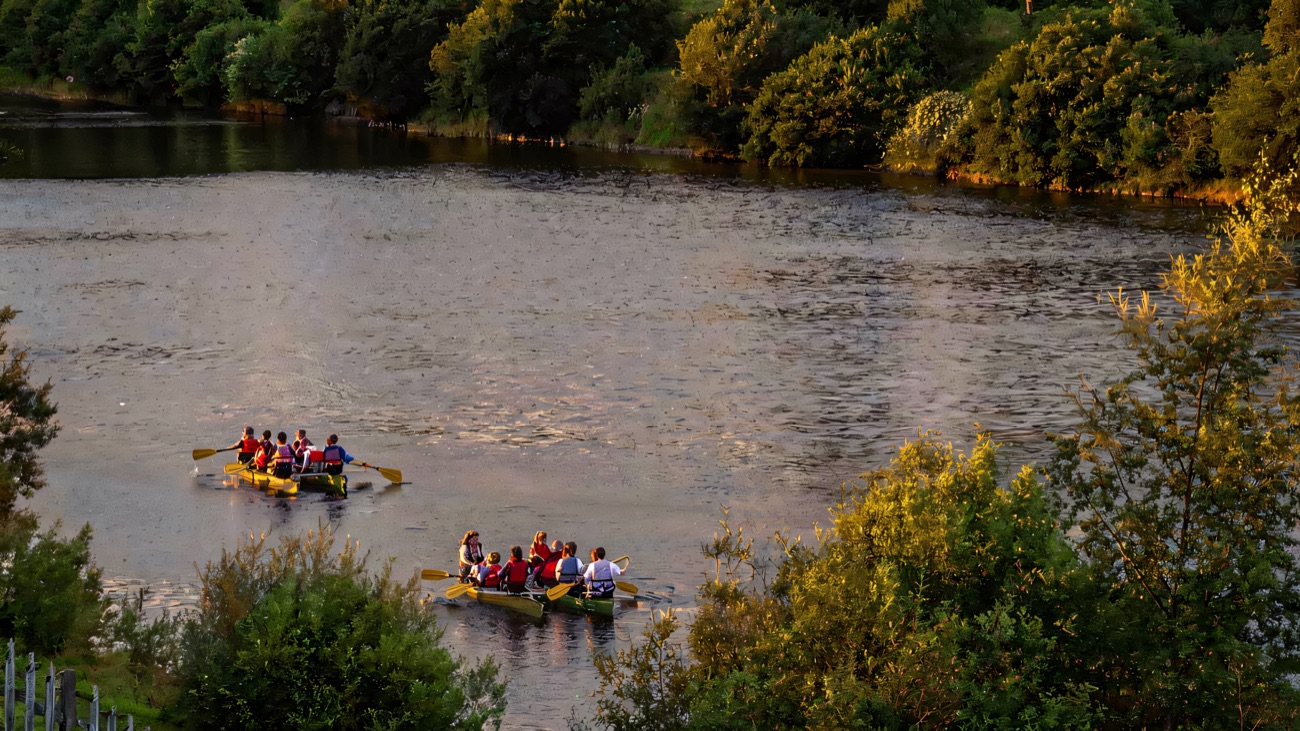 Two open canoes crossing the lake, seen from the wooded bank above the water