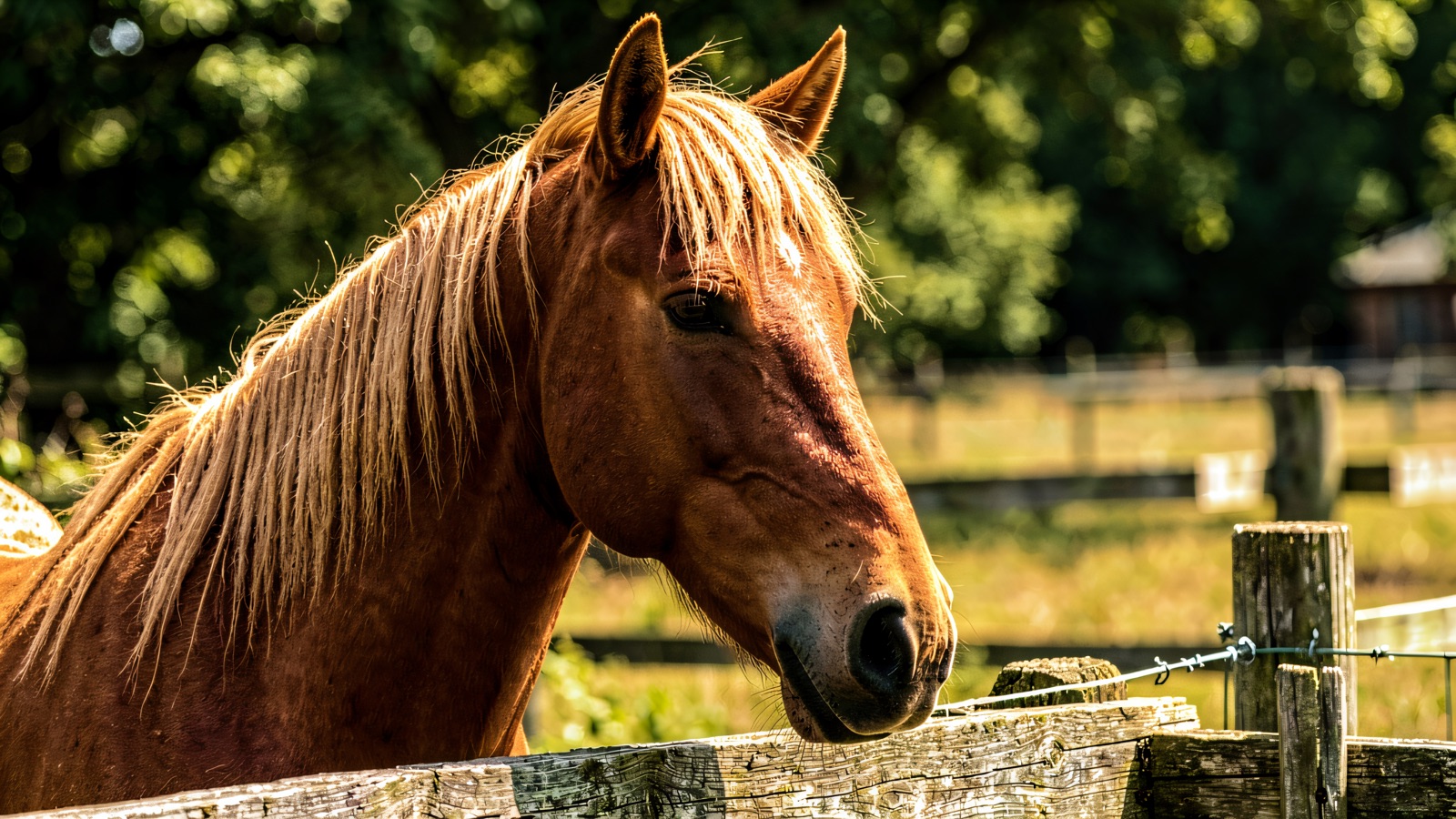 A chestnut horse resting its head over a wooden paddock fence at Crindle Stables on a sunny day