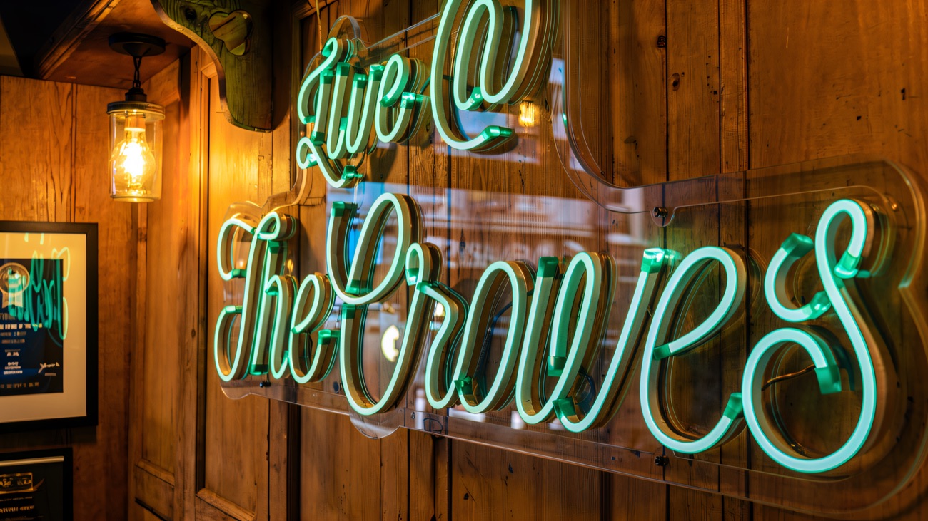 The neon Live @ The Crowes sign above the timber-panelled walls