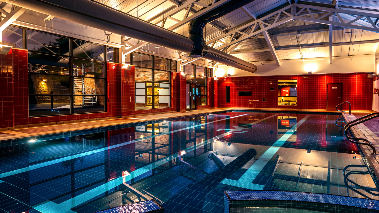 The Bodyscape pool hall at Crowne Plaza Belfast, with a pitched roof, red-tiled walls and the bubble spa in the foreground.