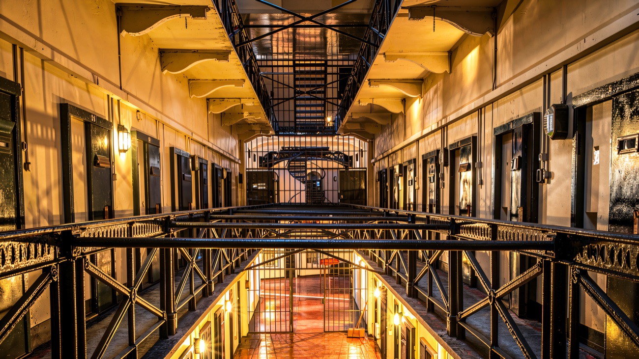 Looking down one of the great wings, iron walkways and rows of cell doors stretching into the distance.