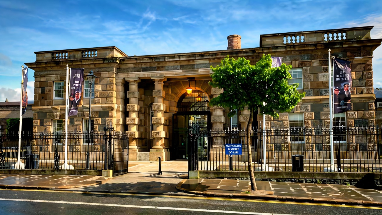 The stone frontage and arched gateway of Crumlin Road Gaol from Crumlin Road, Belfast