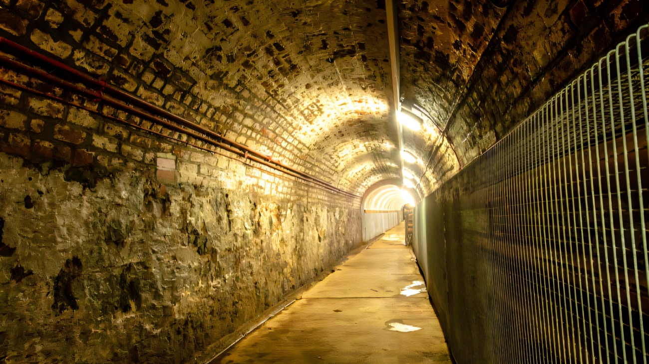 The brick barrel-vaulted underground tunnel running beneath the Crumlin Road to the old courthouse