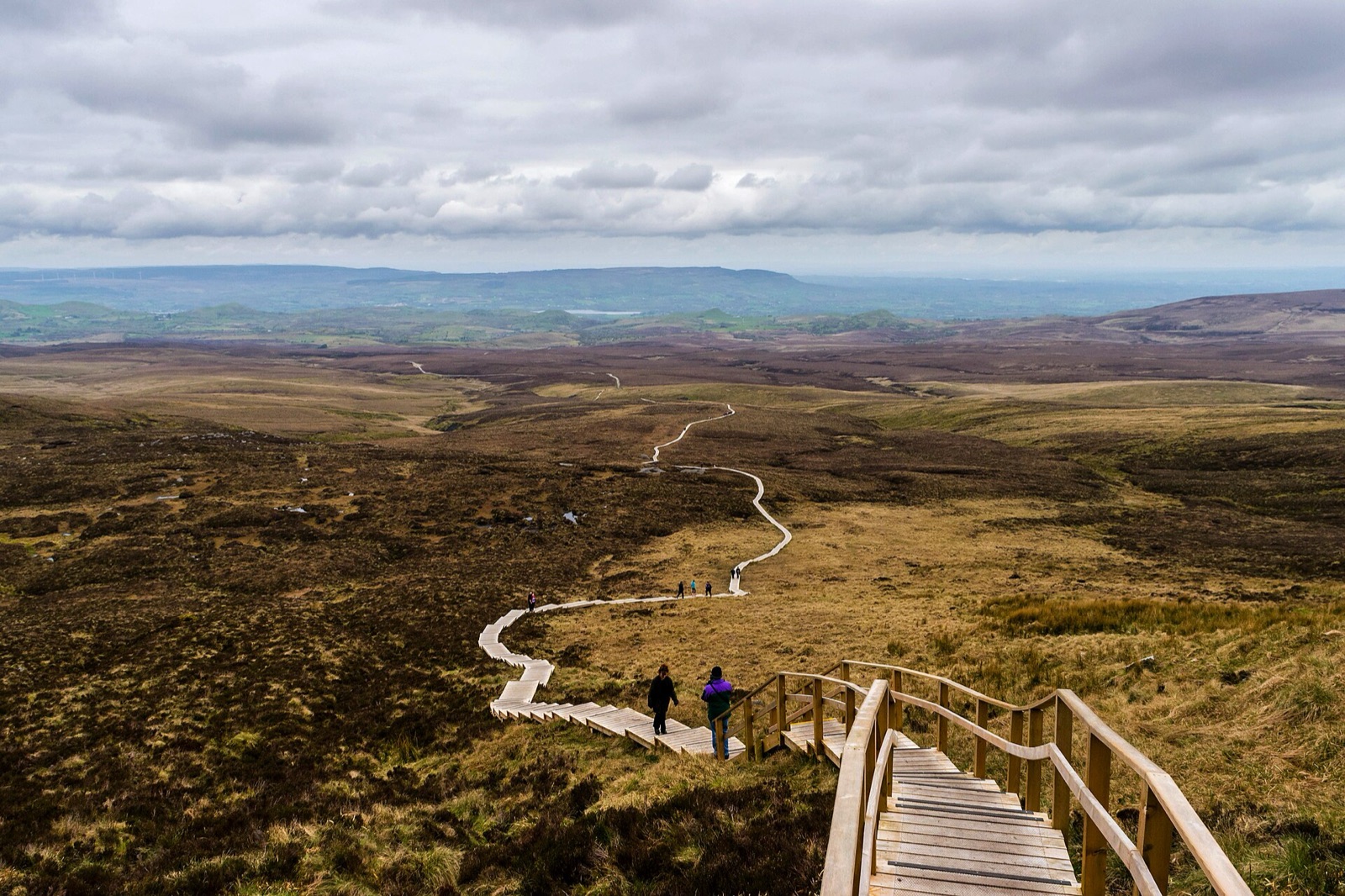 The timber boardwalk of the Cuilcagh Stairway to Heaven crossing golden blanket bog toward the mountain