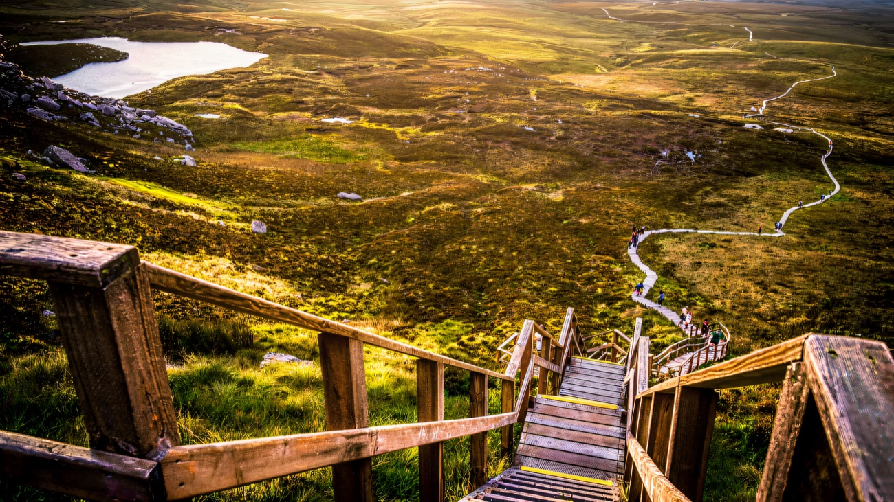 Looking down the steep timber steps as the trail winds back across the moor far below.