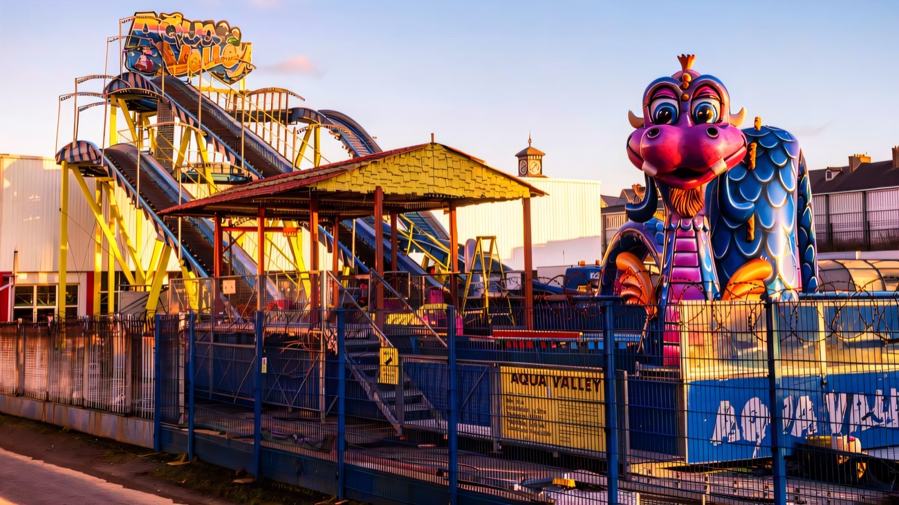 The Aqua Valley water-slide ride with a big smiling purple dragon at the entrance under a blue sky