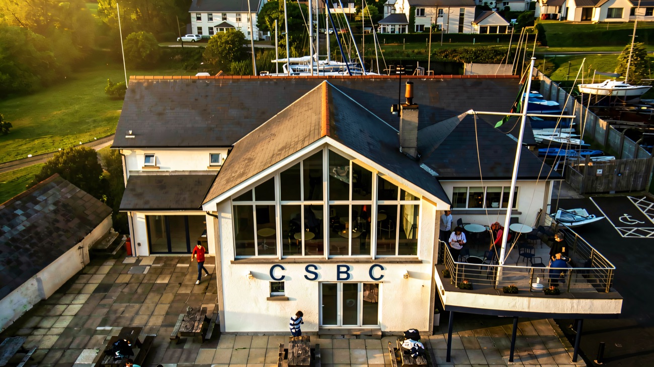 The CSBC clubhouse and slipway, dinghies lined up ready for the water
