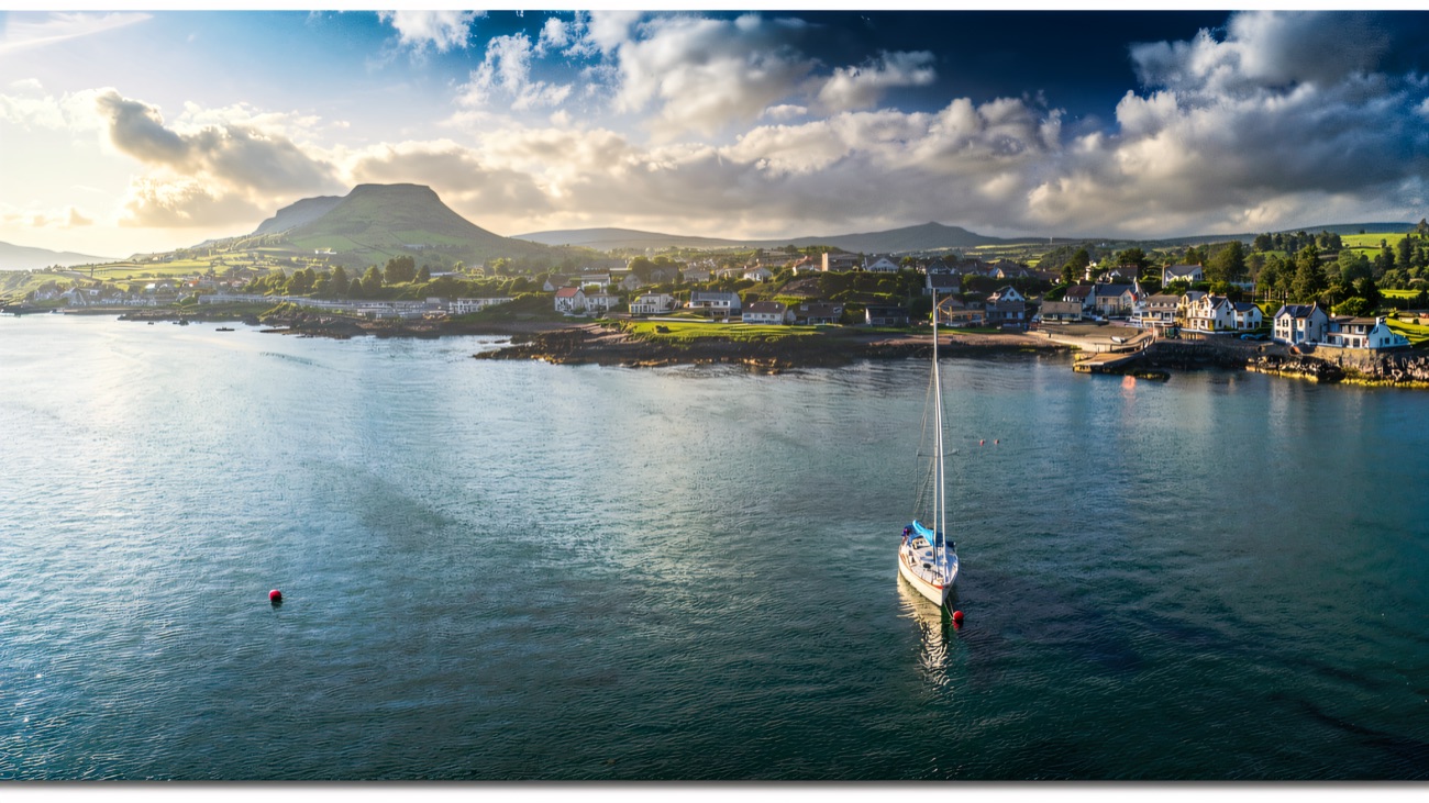 A yacht at anchor in the bay below Lurigethan, the whole coast opening up