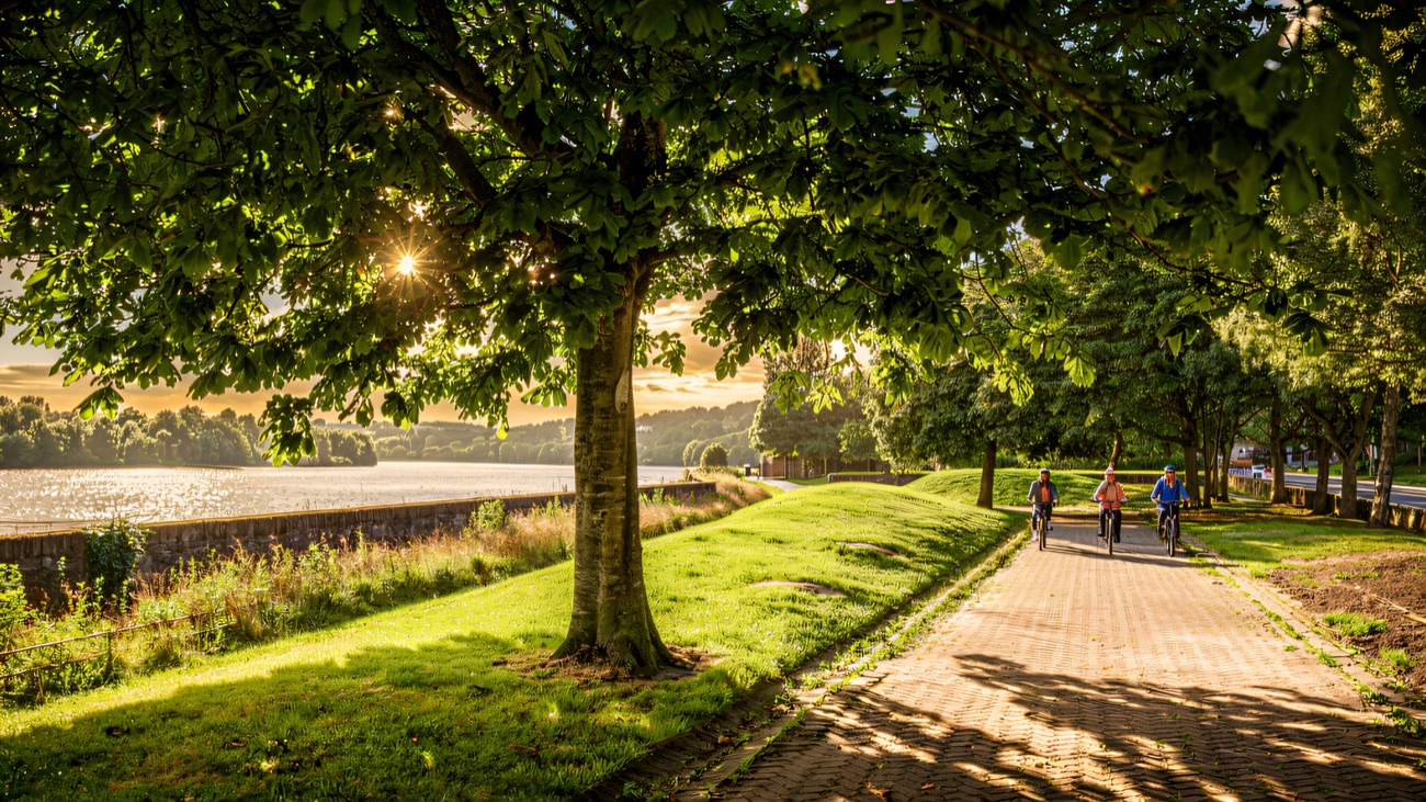 Tree-shaded tarmac running beside the water on a bright summer day