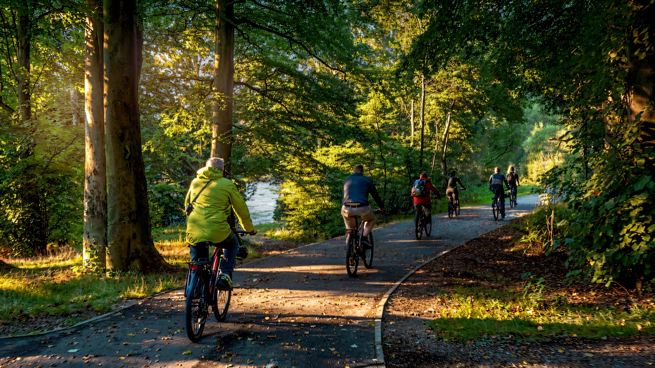 Cyclists rolling through autumn woodland along the greenway