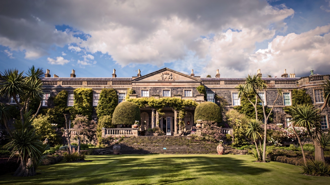 The grand grey front of Mount Stewart house above its lawn, framed by palm trees