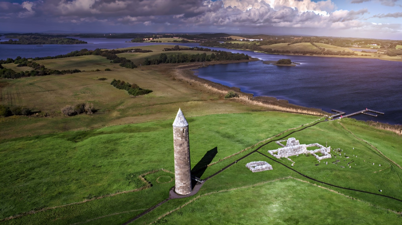 Aerial view of the Devenish Island round tower on Lough Erne