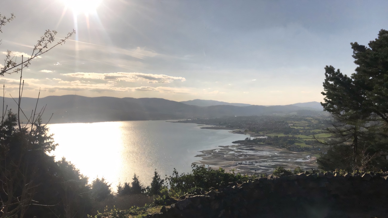 Evening sun over Carlingford Lough from the viewpoint above Kilbroney Park, with the Cooley Mountains across the water