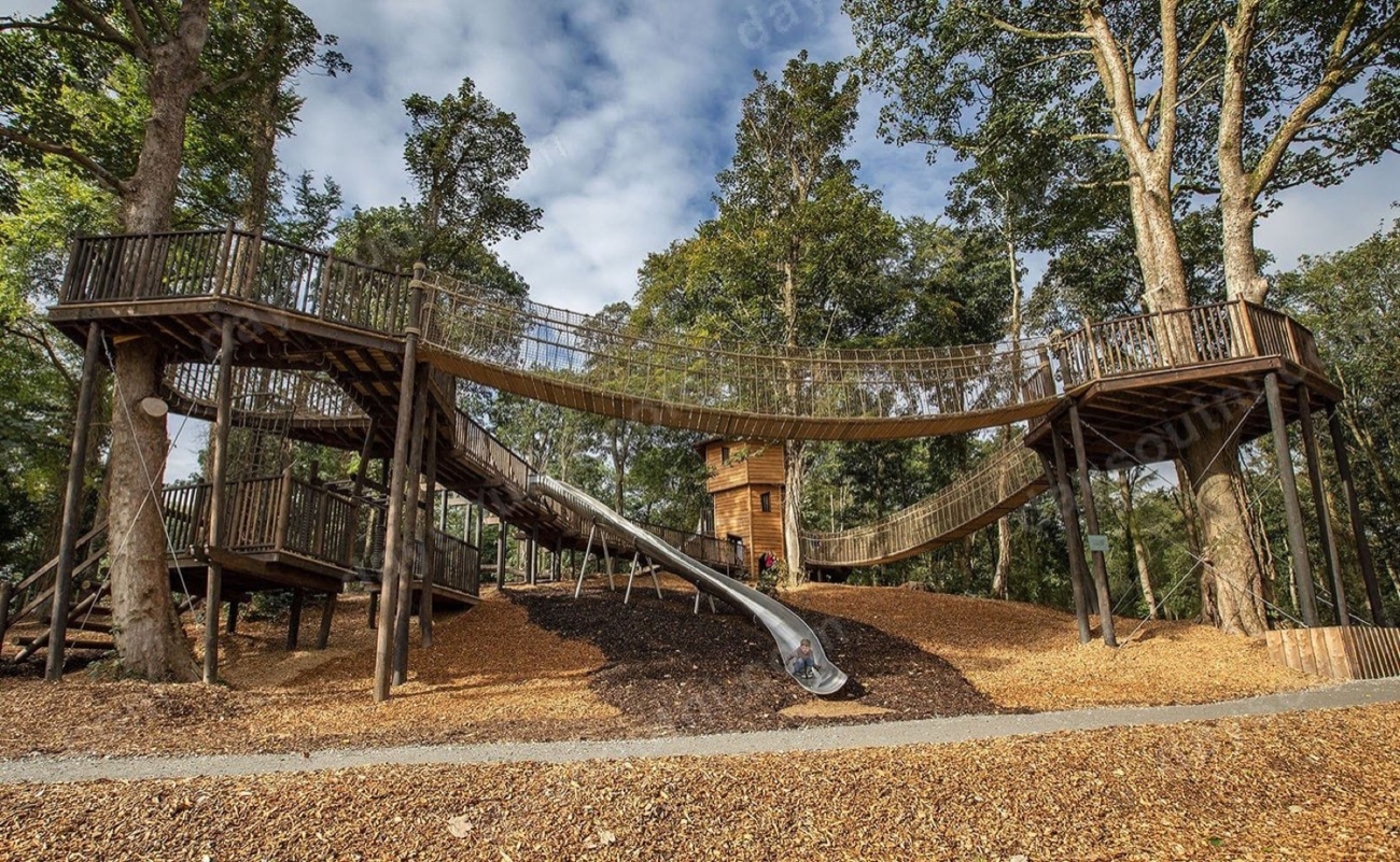 The elevated timber play trail at Montalto Estate, with raised walkways and a long slide strung between tall trees