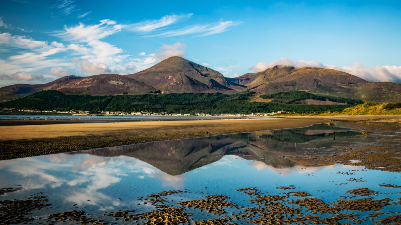 The Mourne Mountains reflected on the wet sand at Murlough Beach