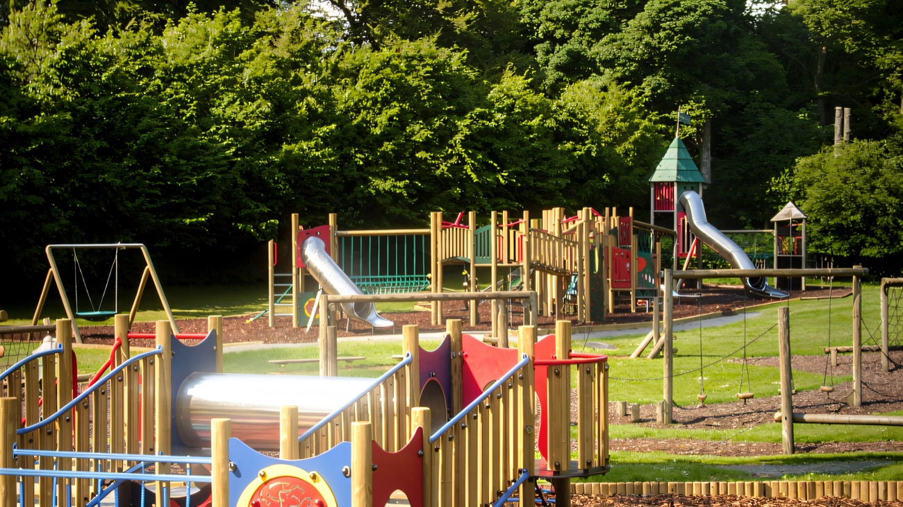 The wooden adventure playground at Delamont Country Park with slides, towers and swings