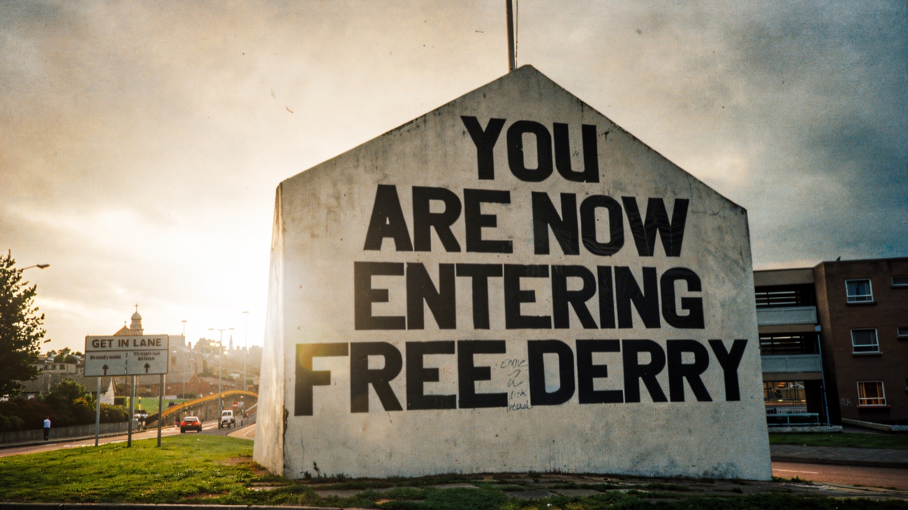 Free Derry Corner, the painted gable that gives the Bogside its most famous landmark.