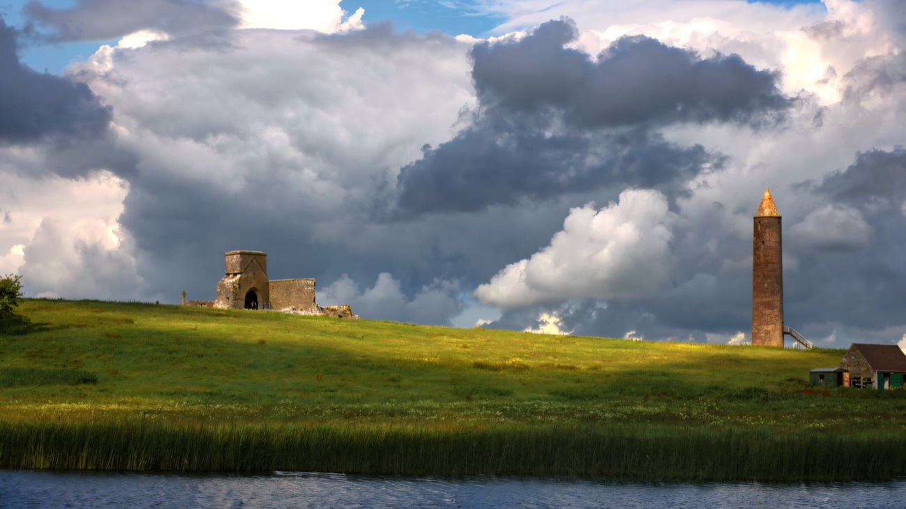 Round tower and roofless church on the rise, reached today by summer ferry