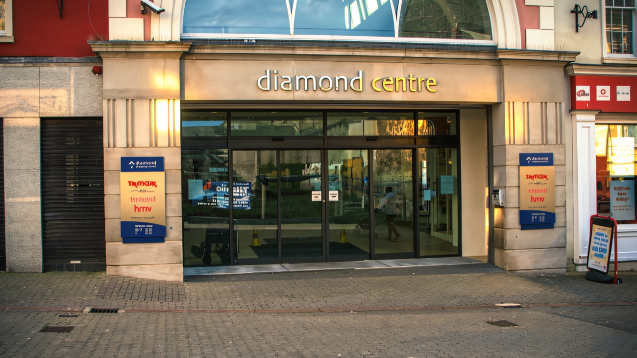The pedestrian entrance to the Diamond Centre under the diamond centre sign on Bridge Street, Coleraine