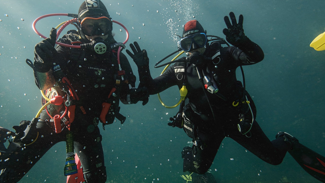 Two divers in full kit hovering in green water, signalling okay