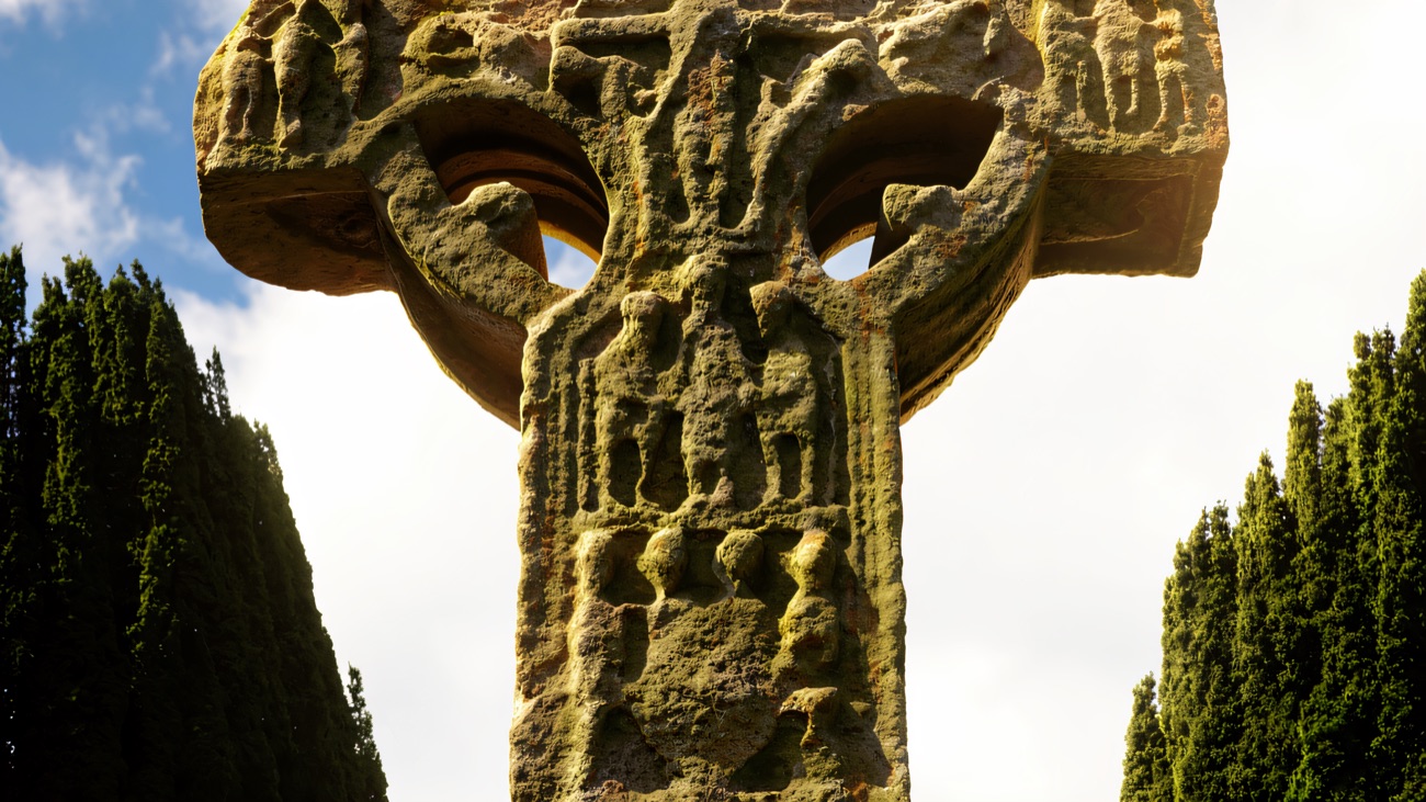 The Donaghmore High Cross, its carved sandstone panels weathered but still legible.