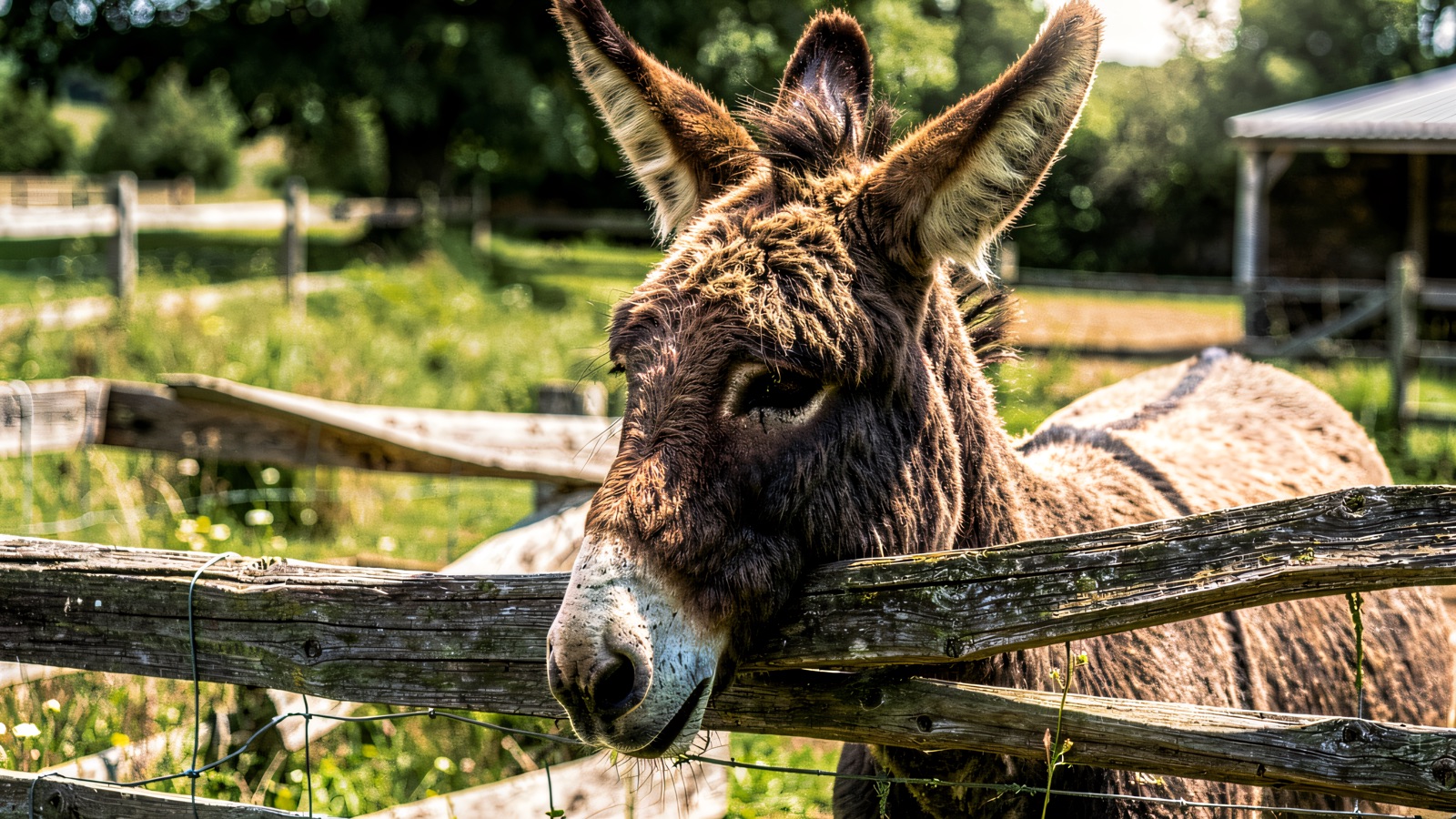 A friendly grey donkey looking over a rustic wooden fence with a paddock, trees and a field shelter behind in the Antrim countryside