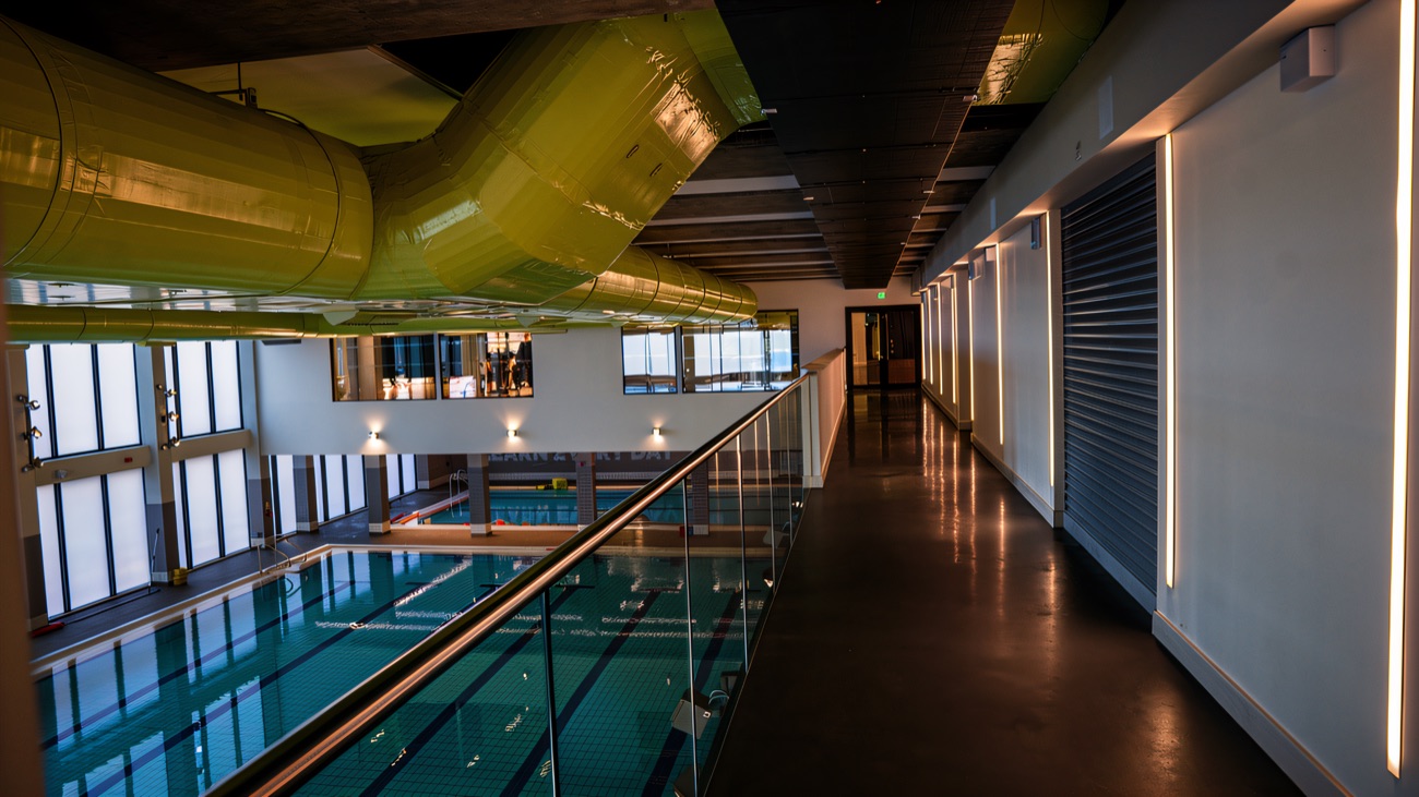 Looking down over the pool hall from the upper balcony