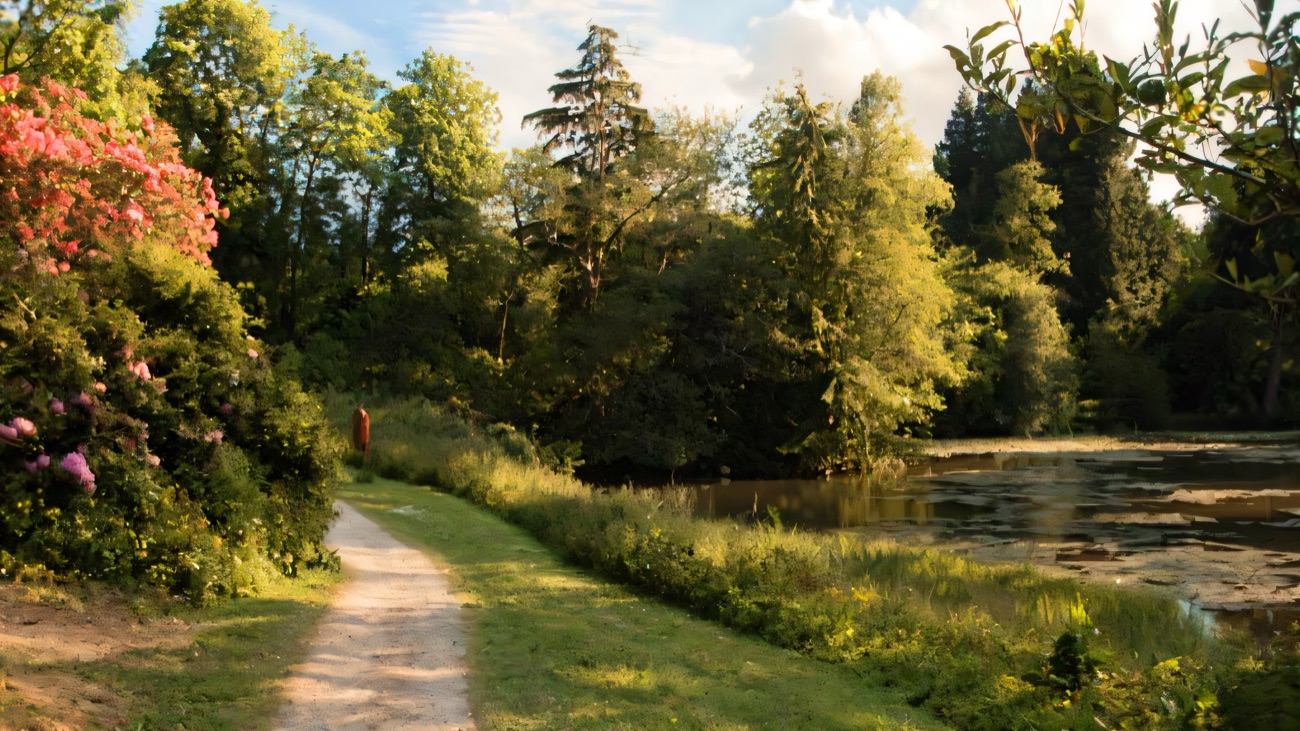 A surfaced lakeside path at Drum Manor edged with pink rhododendrons, the ornamental lake and trees beyond