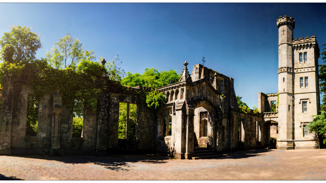 The full ruins of Drum Manor house against a blue sky, the roofless stone walls and the surviving battlemented tower