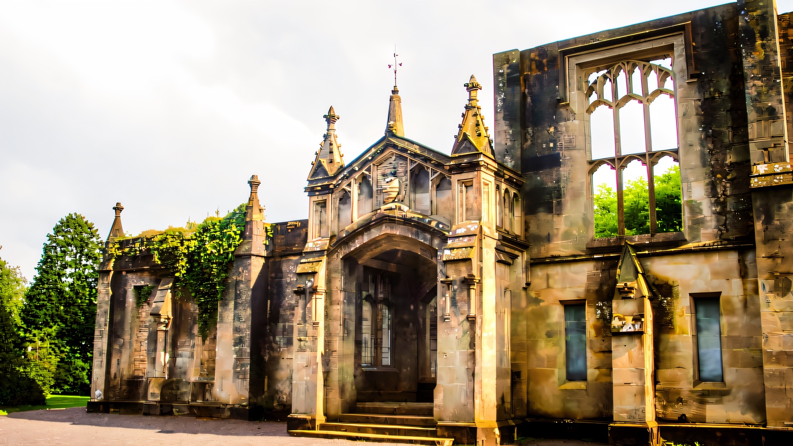 The Gothic front of the ruined Drum Manor house, its carved stone porch and window frames open to the sky