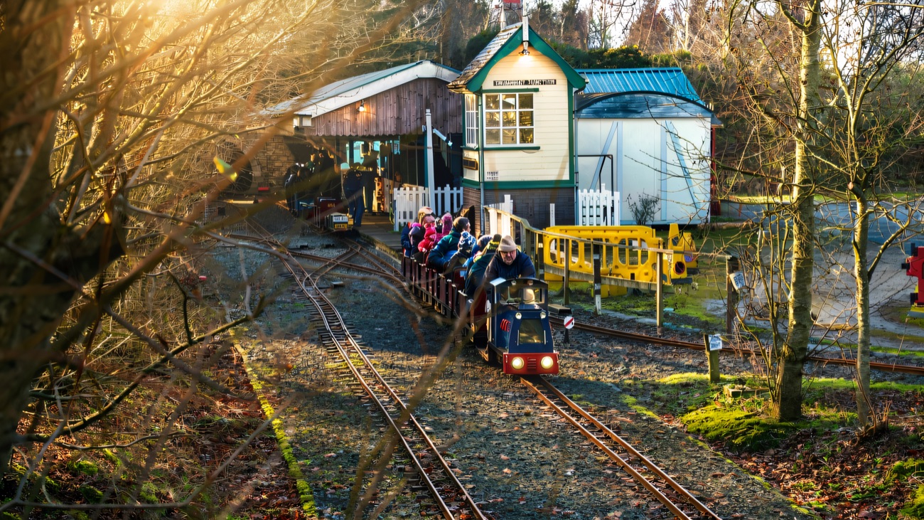 The little station and signal box, with track curving away through the trees.