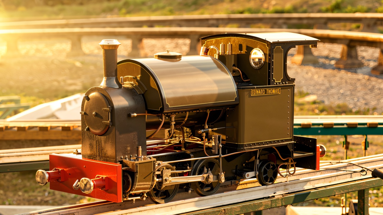 A finely built model steam engine waiting on the raising road.