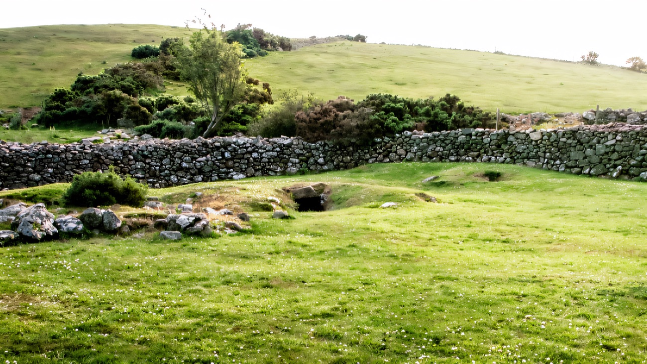 The curved drystone rampart of the ancient ringfort, with the souterrain opening at its centre.