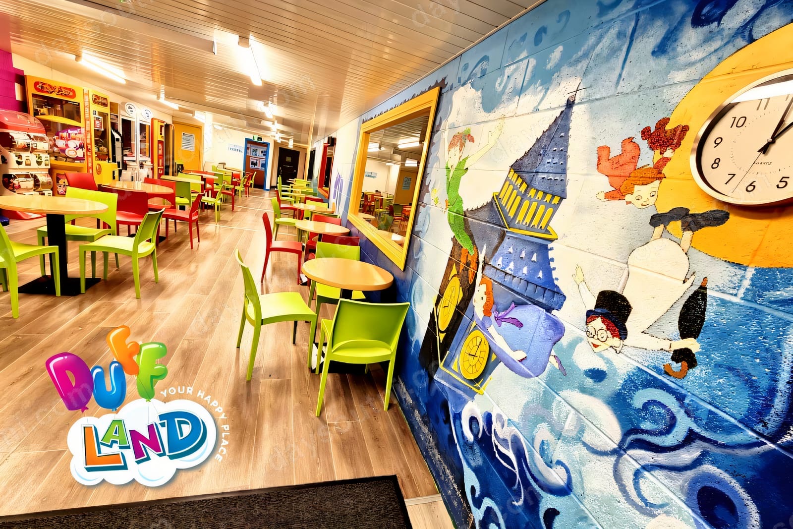 The bright café and play area at Duff Land near Omagh, with colourful murals and seating