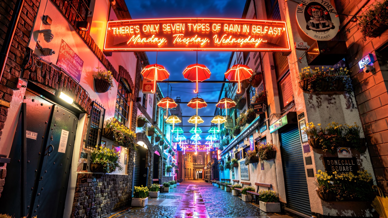 Commercial Court at night, strung with the famous neon umbrellas