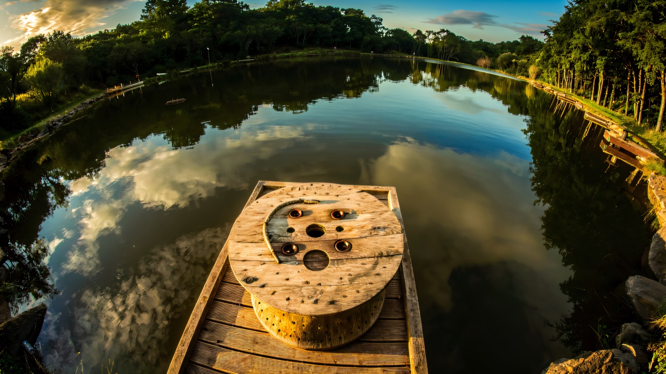 Wide view across the lake from the jetty, boat moored alongside