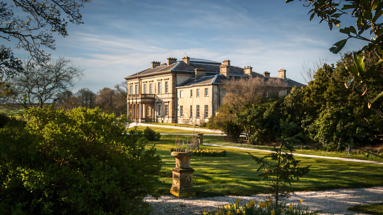 Dundarave House framed through trees with a stone garden urn and spring daffodils in the foreground